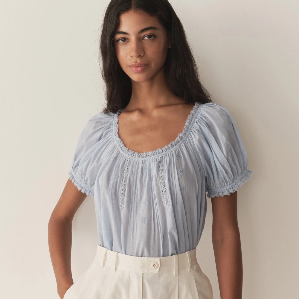 Doen Light Blue Blouse with Lace Trim